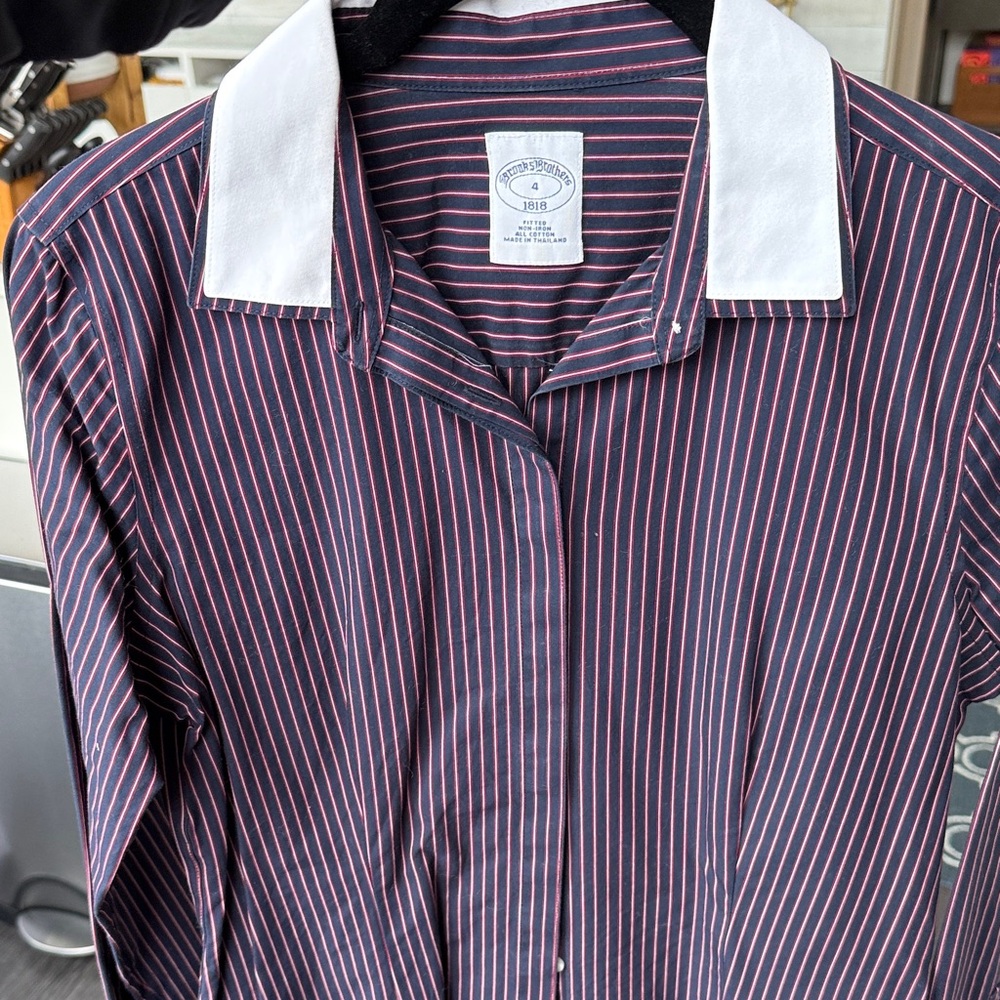 Classic Navy and Burgund Pinstripe Womens Dress Shirt with White Contrast Collar